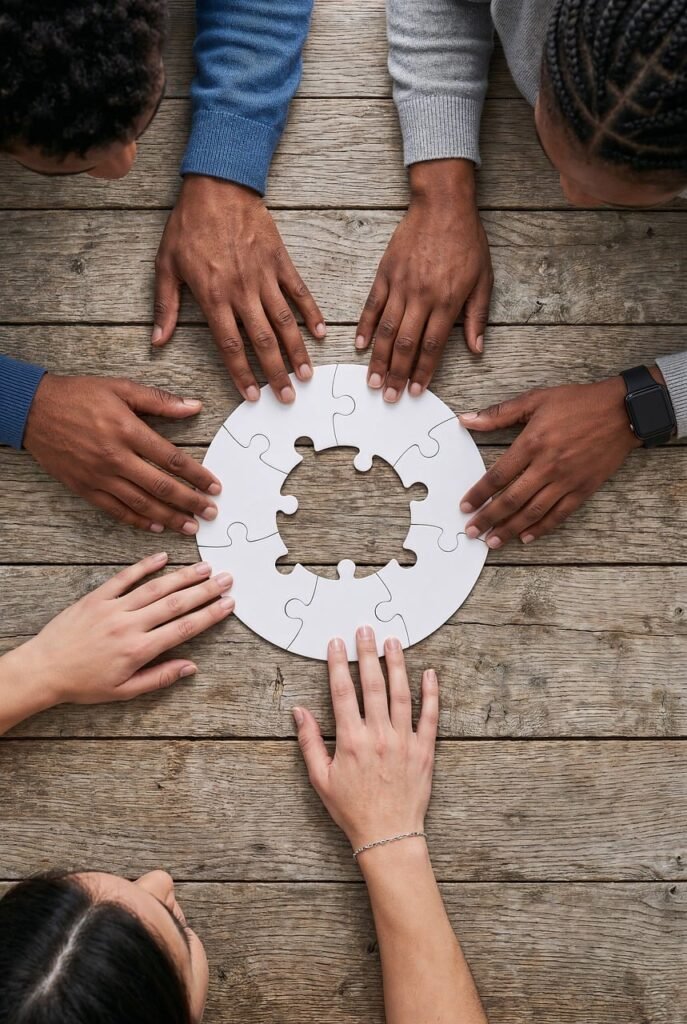 collaboration, teamwork, puzzle, wooden table, hands, connection, group work, cooperation, discussion, strategy, communication, team, interaction, planning, relationship, unity, collective, projects, black and white, creativity, concept